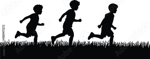 Black silhouette of three boys running in a line across a grassy foreground against a clean white background, depicting active play