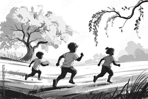 Black and white of three children running joyfully through a grassy landscape with a large tree and branches overhead