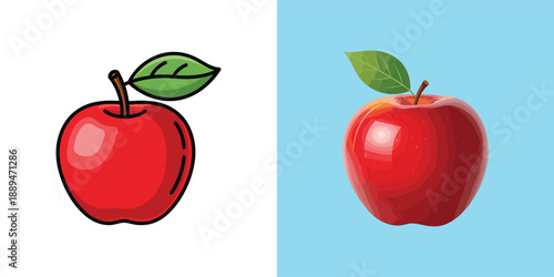Comparative illustration of red apples with leaf on white and blue backgrounds from a front viewpoint