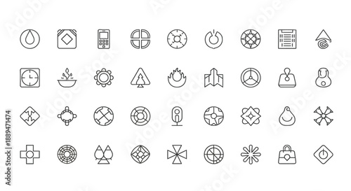 A collection of simplistic black and white line icons depicting various symbols and abstract designs