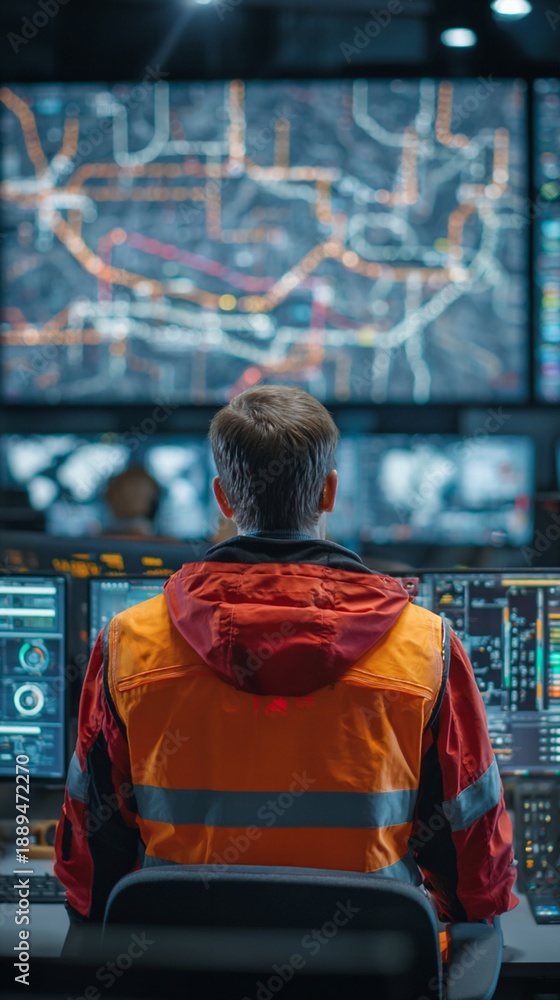 Obraz premium Control Room Operator Monitoring Traffic Management System in Urban Environment