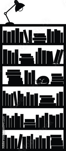 Black Bookshelf with Books and Lamp.