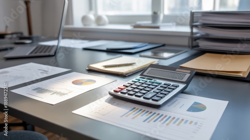 Calculator and Financial Reports on Office Desk with Laptop and Window Light