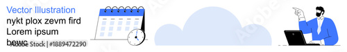 Time management, remote work, cloud computing, task planning, virtual meetings, productivity. A calendar, clock cloud and working professional at a laptop. Time management and remote work concept
