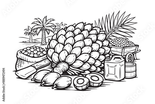 A detailed vector shows abundant oil palm fruits harvested from plantations, representing raw materials for palm oil production, agriculture industry strength, and sustainable resource potential.