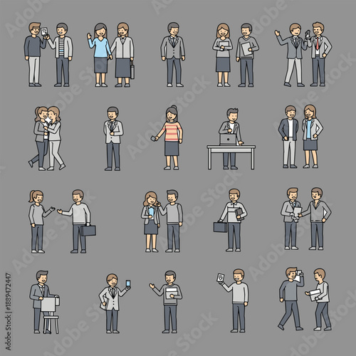 Diverse group of professionals interacting in various business settings and scenarios from a front viewpoint