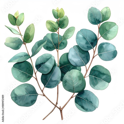 Watercolor eucalyptus branches on white background
