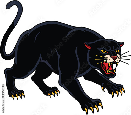 Black Panther Cartoon Illustration Roaring Fiercely.