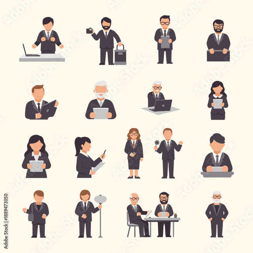 Diverse professionals in business attire engaged in various activities and tasks, depicted in a flat illustration style