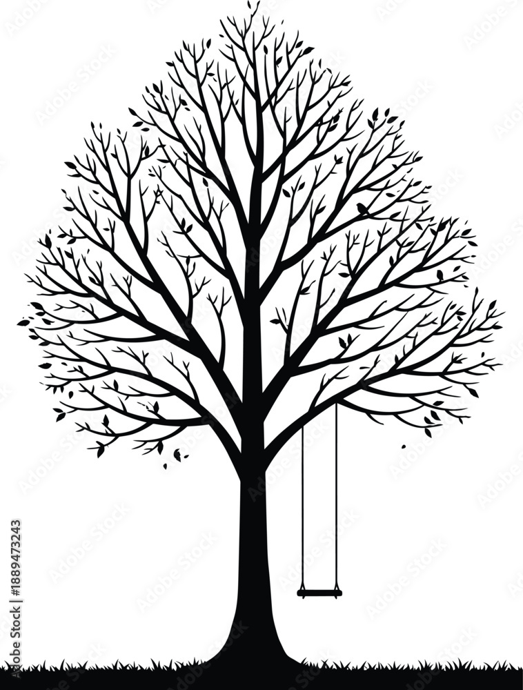 Obraz premium Black Silhouette Tree with Swing Hanging.