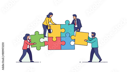 Four diverse individuals collaborate to assemble a large, colorful four-piece puzzle, symbolizing teamwork, problem-solving, and successful integration.