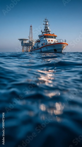 Fishing vessel near oil platform in calm blue ocean water under sunset