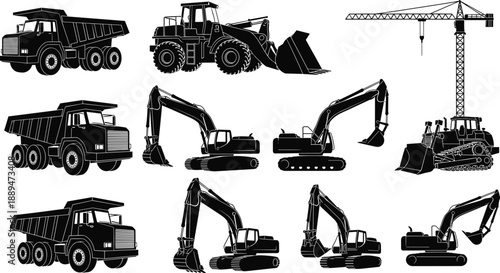 Black, construction, vehicle, silhouettes, set, including, dump, trucks, excavators, crane, and, loaders, isolated, on, white, background, for, industrial, engineering, design