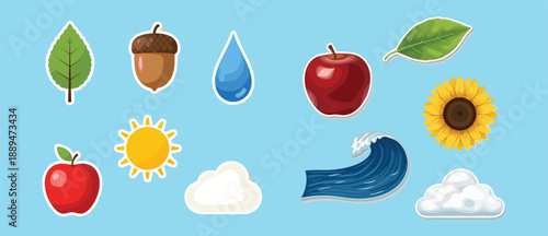 Vibrant illustration showcasing seasonal elements, fruits, and natural phenomena in a stylized arrangement with diverse objects