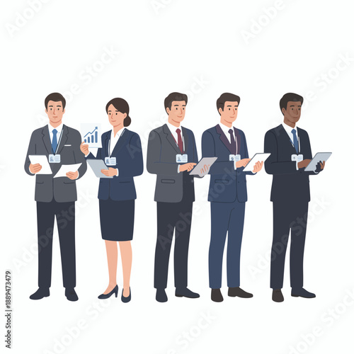 Global diverse business professionals presenting and analyzing market data on tablets, representing corporate teamwork and strategic decision-making