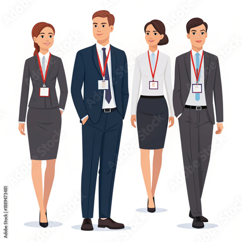 Diverse group of smiling business professionals in formal attire with ID badges. Modern vector illustration ideal for corporate teams, conference attendees, or human resources concepts