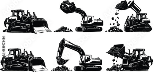 Black, construction, vehicle, silhouettes, set, of, excavators, and, bulldozers, moving, rocks, isolated, on, white, background, for, industrial, equipment, design, vector