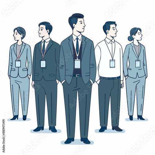 A diverse group of professionals stand confidently together, showcasing teamwork and corporate success in a modern business environment