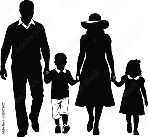 Black silhouette of a happy family with two children walking together holding hands isolated on white background for minimalist parenting and domestic life concepts