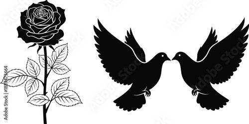 Black, rose, silhouette, and, two, flying, doves, bird, vector, illustration, set, isolated, on, white, background, for, tattoo, design, art, graphic