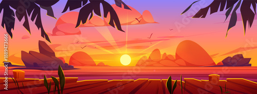 Beautiful Sunset Over Tropical Sea View from Wooden Pier Illustration