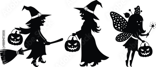 Halloween, silhouettes, of, witches, and, a, fairy, carrying, pumpkin, lanterns, for, trick, or, treat, celebration, isolated, on, white, background, vector