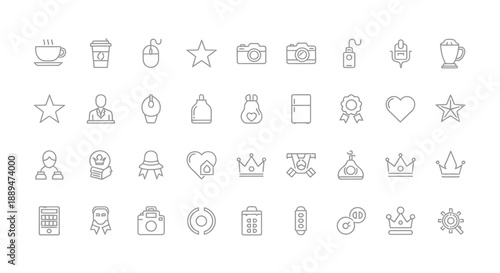 An assortment of minimalist line icons depicting various objects including coffee cameras crowns and people