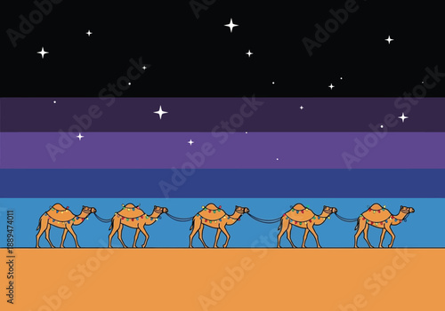 Camel Caravan Silhouette in Desert Landscape.