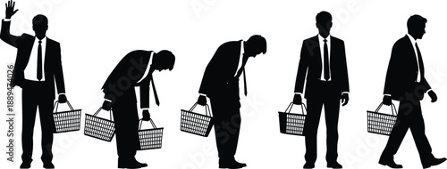 Silhouette of a businessman in a suit holding a shopping basket in various poses including walking waving and bending down,