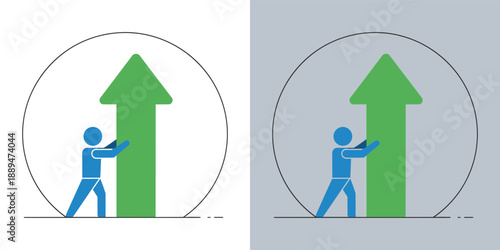 Person pushing a large green arrow upwards in a circular frame, symbolizing progress and growth