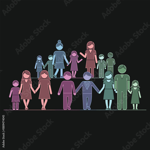 Diverse family members holding hands in a multi-generational illustration on a dark background from a straightforward viewpoint