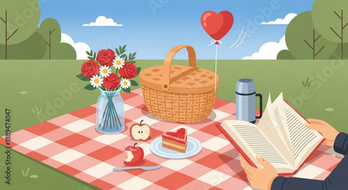 Romantic outdoor picnic setup with food flowers and book in a park