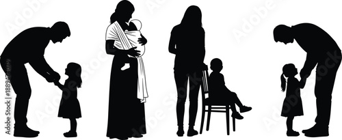 Silhouette of family moments featuring parents with young children infants and toddlers in various caring poses isolated on white background