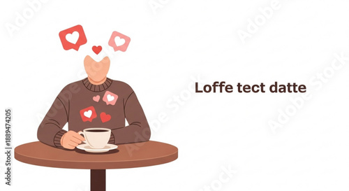 Man sitting at table with coffee cup and social media likes floating above head