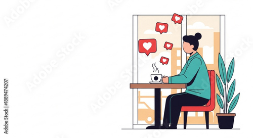 Woman sitting alone at a table by a window with a cup of coffee and social media notifications