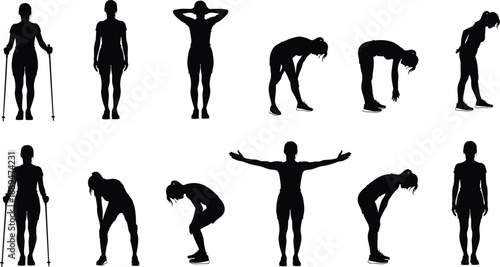 WSilhouettes of an active woman in various exercise poses including nordic walking standing stretching and celebrating isolated on white background,