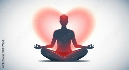 Person meditating in lotus position with glowing heart background