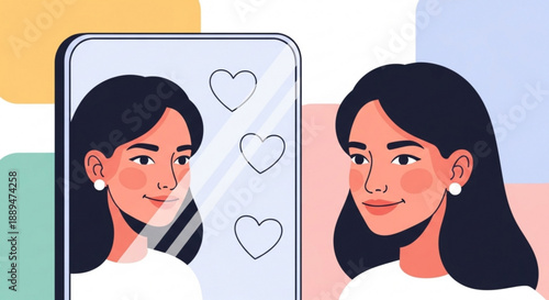 Woman taking selfies on smartphone with heart likes on screen
