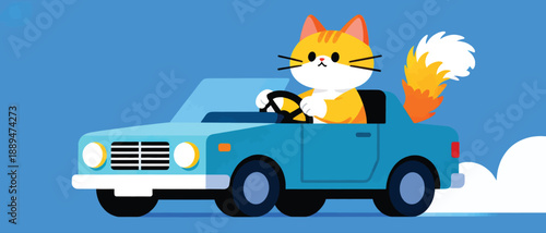 Cartoon Cat Driving a Convertible Car.
