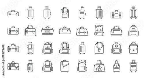 A collection of various travel luggage and bag icons in a simple black and white outline style