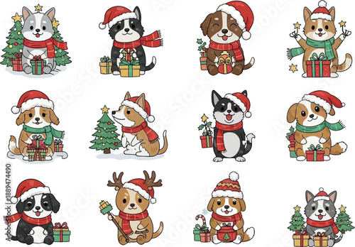 Cartoon Dogs Wearing Christmas Hats and Scarves.