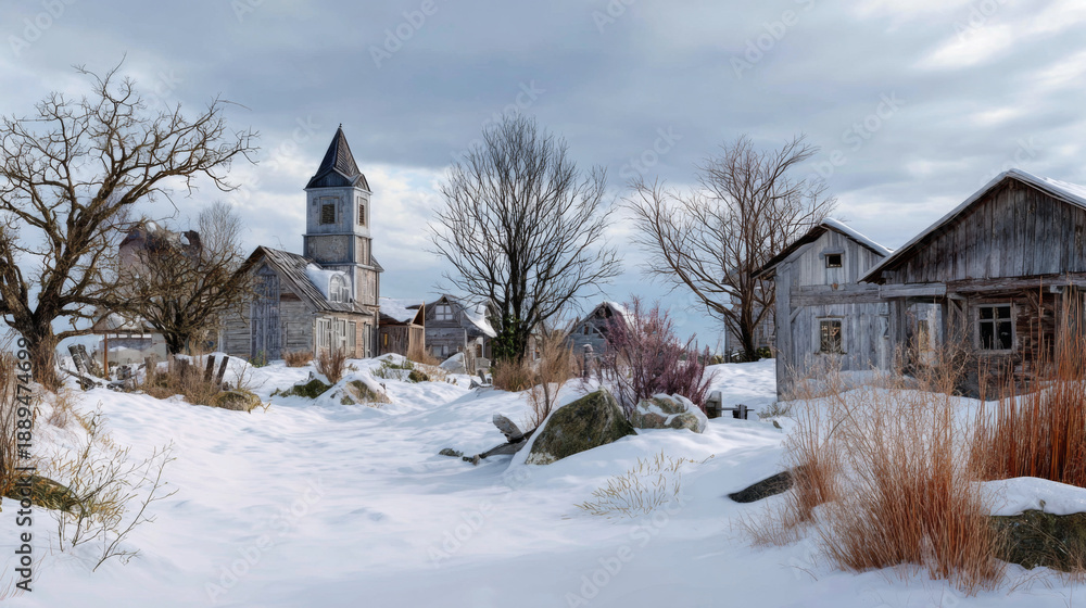 Fototapeta premium Snowy rustic village panorama with wooden houses, church, bare trees, winter landscape