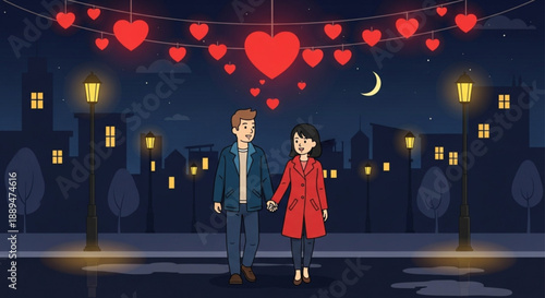 Couple holding hands under heart decorations at night in city