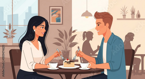 Couple enjoying dessert and coffee at a cozy cafe together smiling