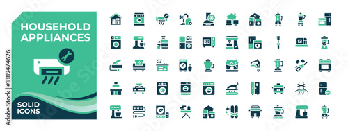 Household Appliances colorful solid icon set. It contains symbols to kitchen, house, wash, household and more. Kitchenware icon collection. Pixel perfect. Editable vector.