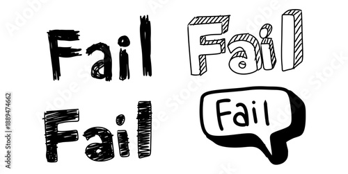 Set of doodle words fail vector for mistake and error themes. Hand-drawn lettering ideal for gaming over screens, negative feedback, and correction marks.