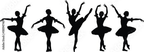 Black, white, silhouette, vector, illustration, of, five, graceful, ballet, dancers, in, various, artistic, poses, isolated, on, white, background, dancing, performance.