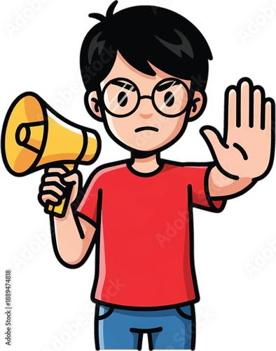 Cartoon Man Holding Megaphone and Hand.