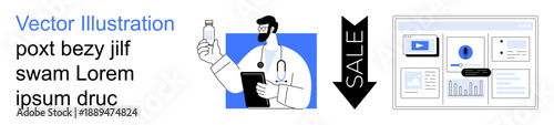 Healthcare, ecommerce, technology, marketing, online shopping, UI design. A doctor holding a medicine bottle, a sale arrow and a webpage layout. Healthcare and ecommerce visual concept