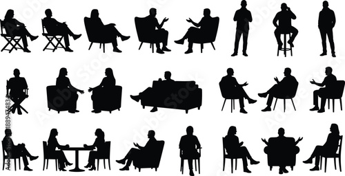 Vector silhouettes of diverse people sitting in chairs conversing standing and relaxing for architectural rendering interior design and business presentation